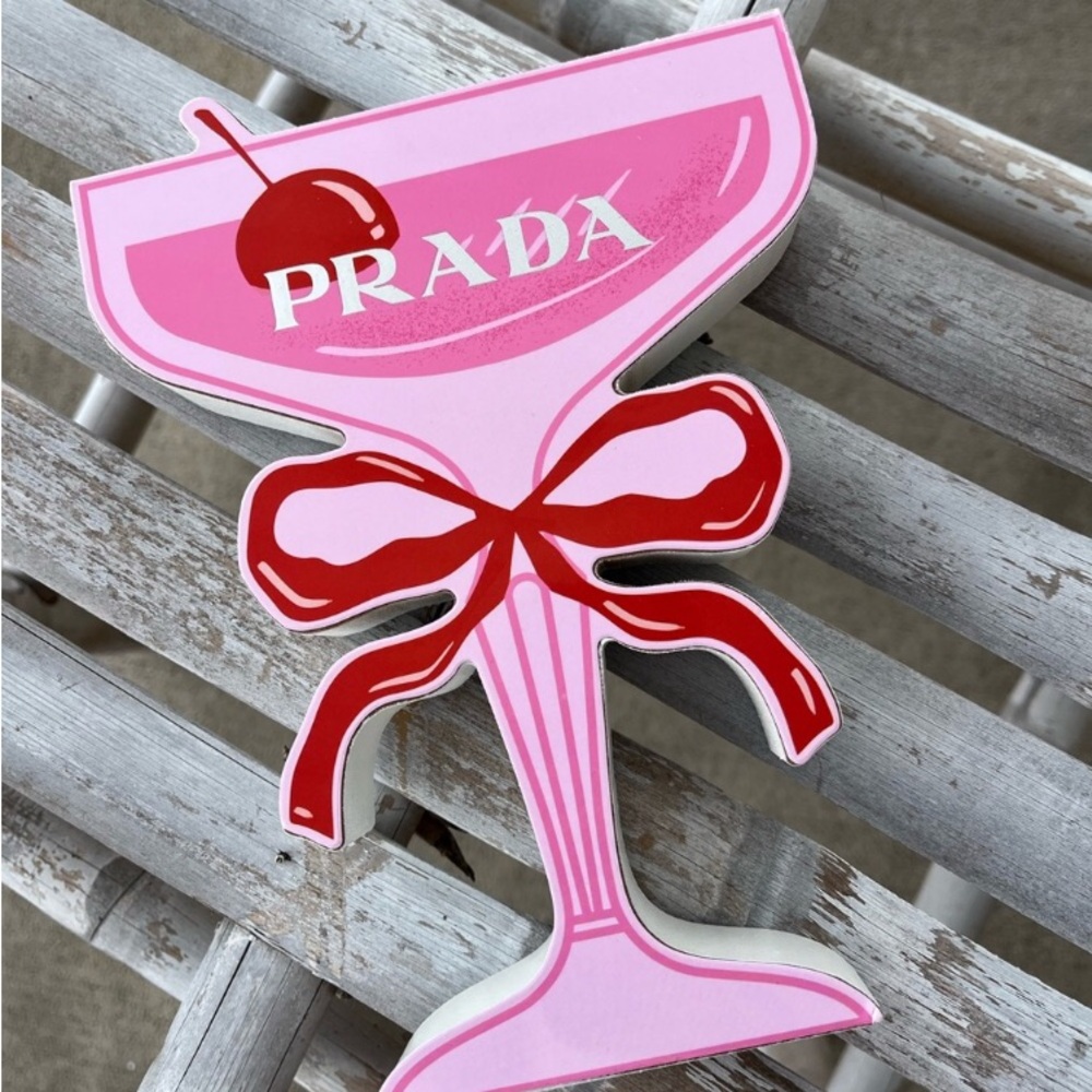Prada Pink Cocktail Glass Decor Wood Decor Decoration Cherry Bow Designer Art - Picture 2 of 2